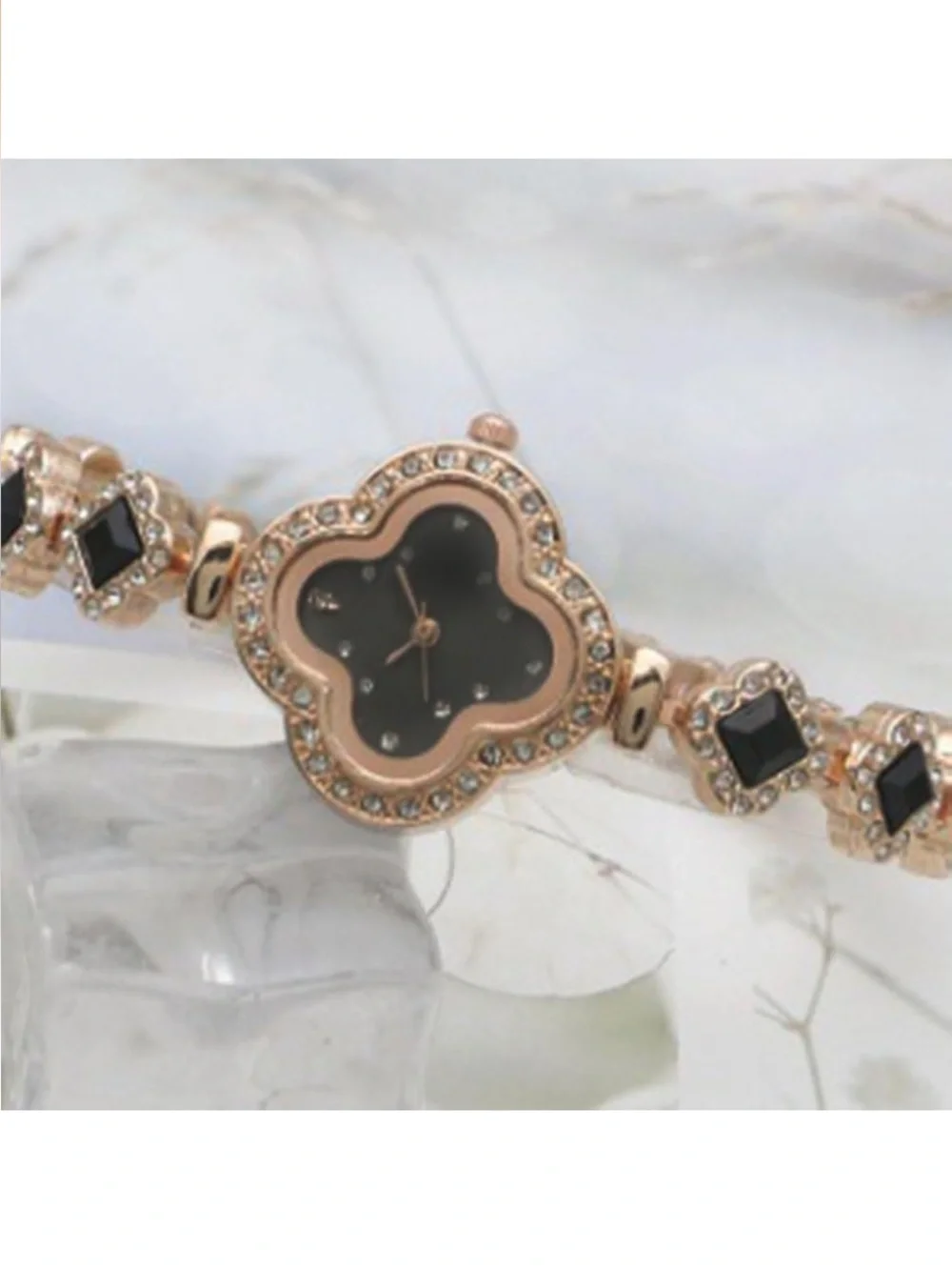 Watch-Black 4 Leaf Clover Rose Gold Watches, Diamond like Bracelet Slim Watch